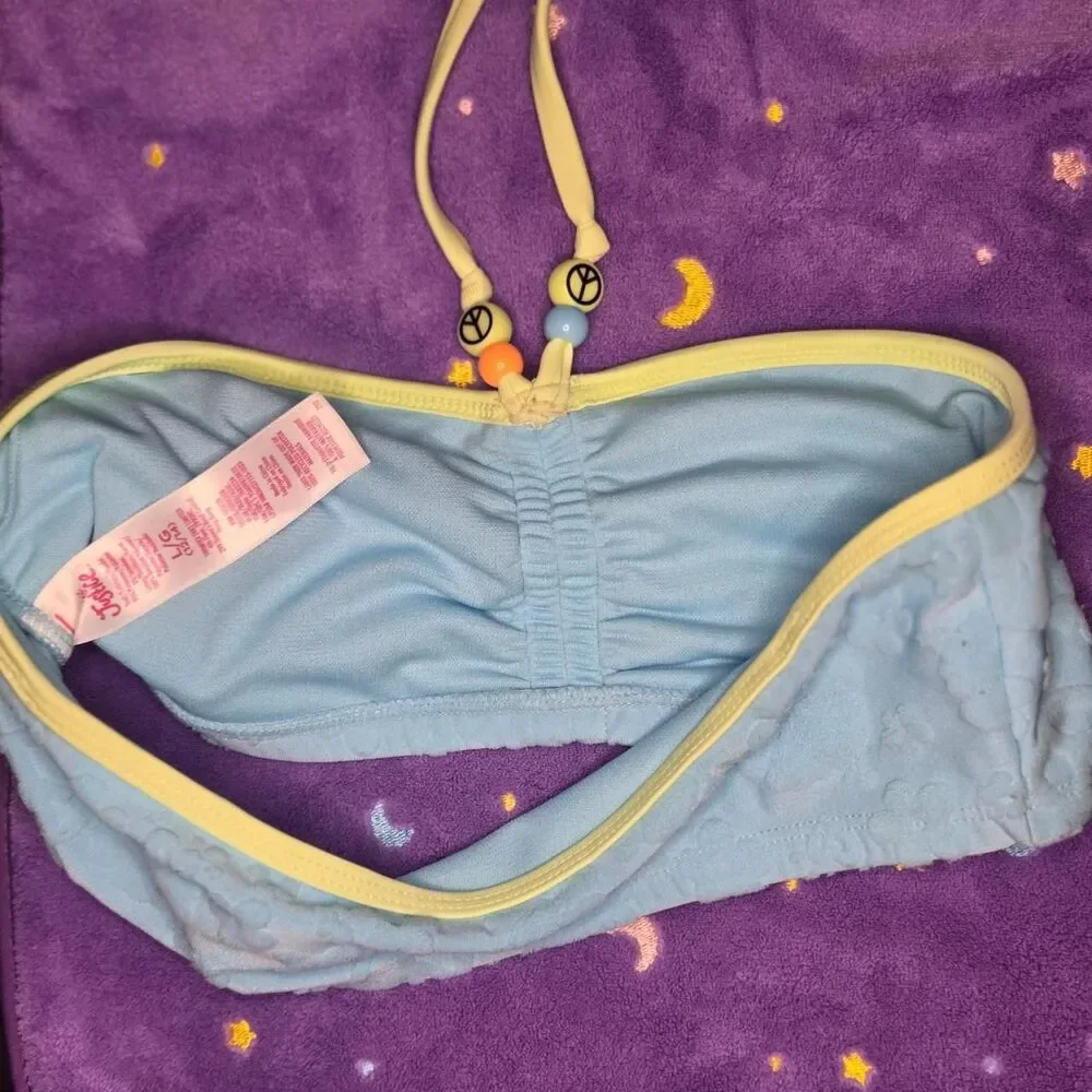 Justice Girls Blue Textured Bandeau Bikini Top Peace Bead Halter Strap 10/12